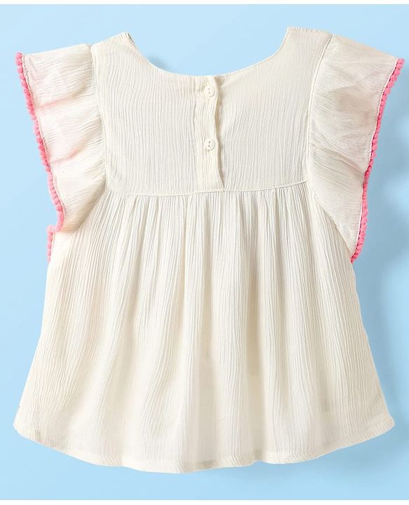 Babyhug Viscose Woven Frill Sleeves Floral Embroidered Top - White