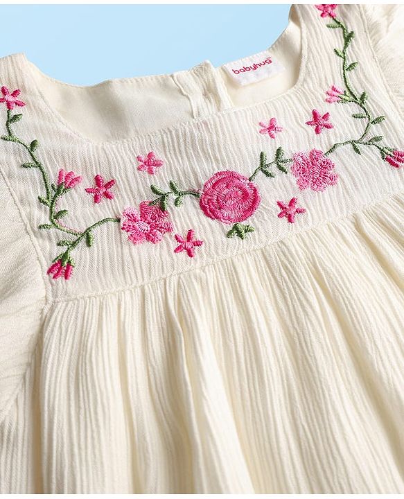 Babyhug Viscose Woven Frill Sleeves Floral Embroidered Top - White