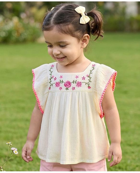 Babyhug Viscose Woven Frill Sleeves Floral Embroidered Top - White