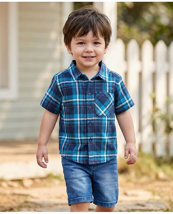 Babyhug Cotton Woven Half Sleeves Checks Shirt & Denim Shorts Set - Blue