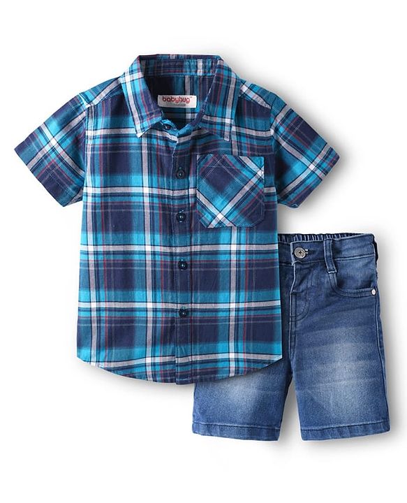Babyhug Cotton Woven Half Sleeves Checks Shirt & Denim Shorts Set - Blue