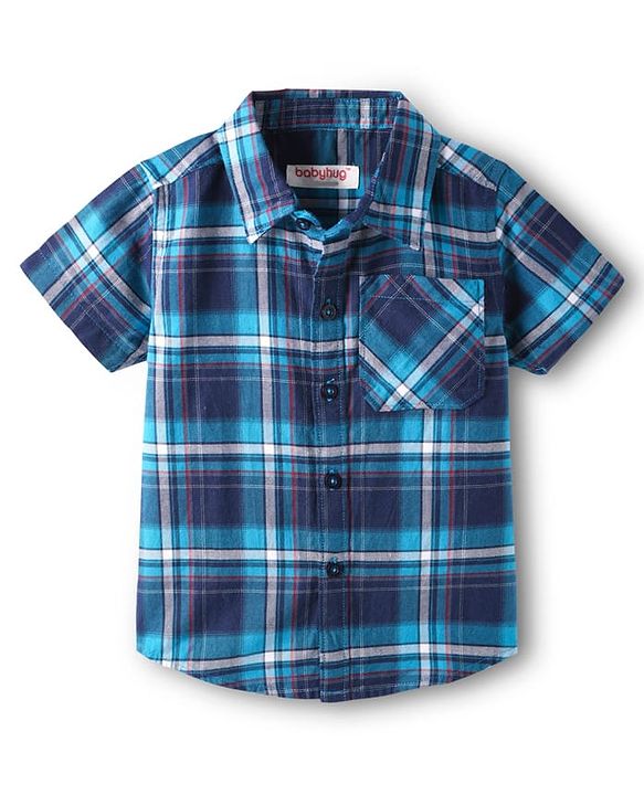 Babyhug Cotton Woven Half Sleeves Checks Shirt & Denim Shorts Set - Blue