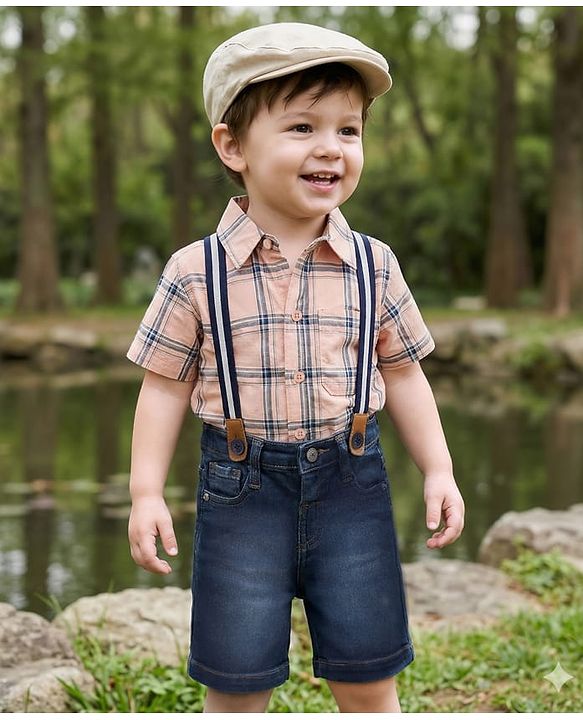 Babyhug Cotton Woven Half Sleeves Checkered Shirt & Denim Shorts Set with Suspender - Blue