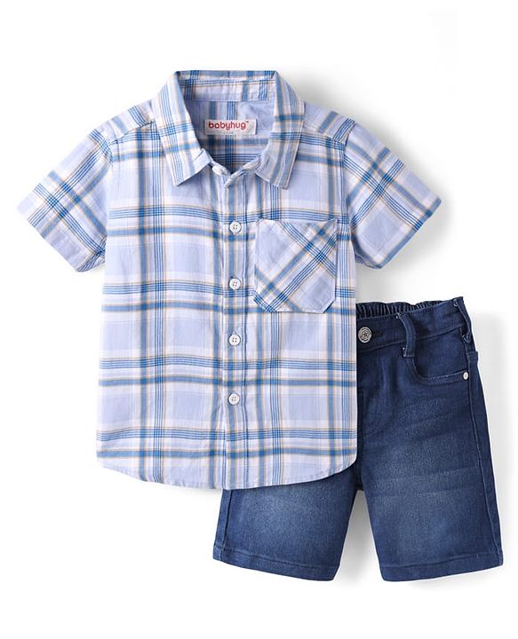 Babyhug Cotton Woven Half Sleeves Checks Shirt & Denim Shorts Set - Blue