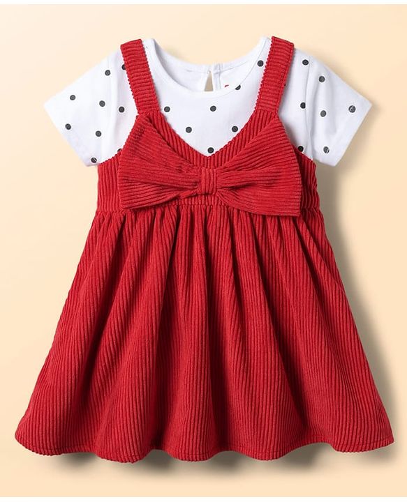 Babyhug Cotton Woven Frock & Half Sleeves Inner Tee With Polka Dot Print & Bow Applique - Red & White
