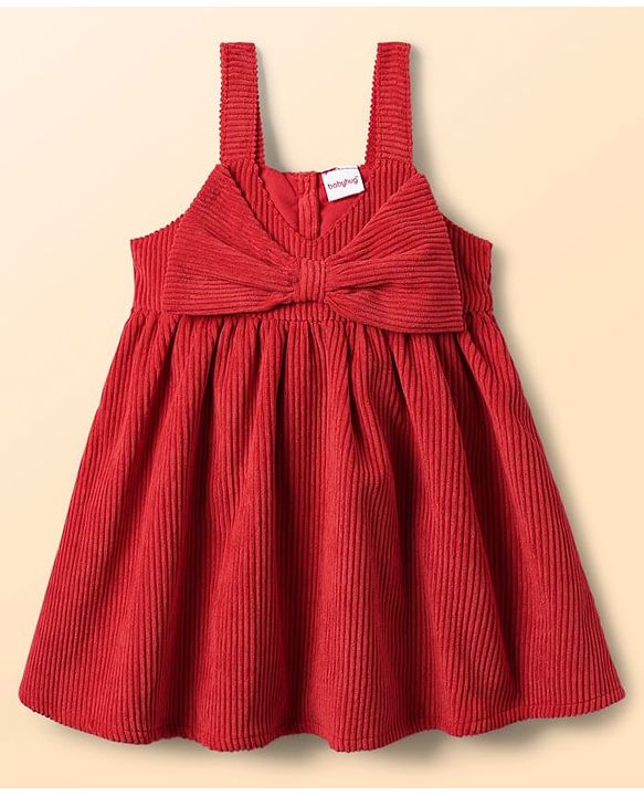 Babyhug Cotton Woven Frock & Half Sleeves Inner Tee With Polka Dot Print & Bow Applique - Red & White