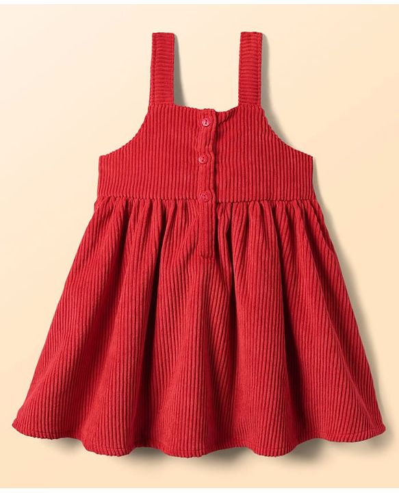 Babyhug Cotton Woven Frock & Half Sleeves Inner Tee With Polka Dot Print & Bow Applique - Red & White