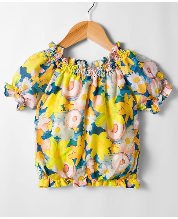 Babyhug Woven Half Puffed Sleeves Top with Floral Print - Multicolor