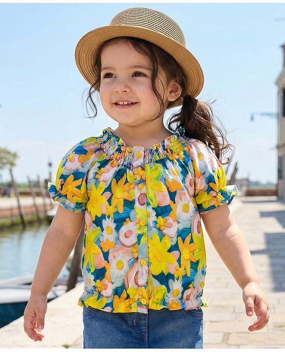 Babyhug Woven Half Puffed Sleeves Top with Floral Print - Multicolor