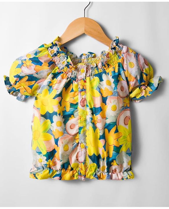Babyhug Woven Half Puffed Sleeves Top with Floral Print - Multicolor