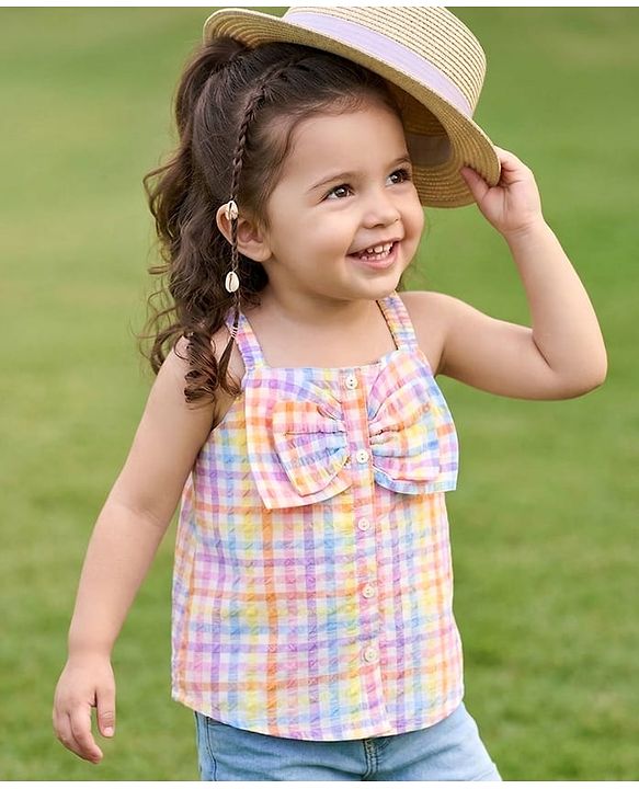 Babyhug Cotton Woven Sleeveless Front Open Checks Top With Bow Applique - Multicolor