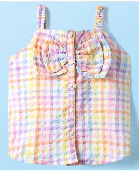Babyhug Cotton Woven Sleeveless Front Open Checks Top With Bow Applique - Multicolor