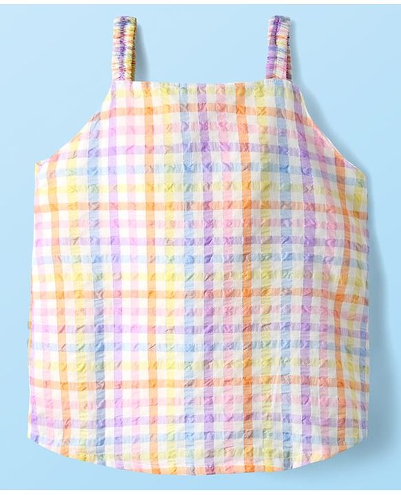 Babyhug Cotton Woven Sleeveless Front Open Checks Top With Bow Applique - Multicolor
