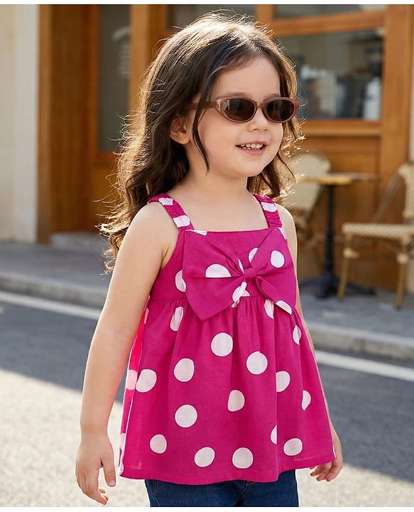 Babyhug Woven Sleeveless Top with Bow & Polka Dots - Pink