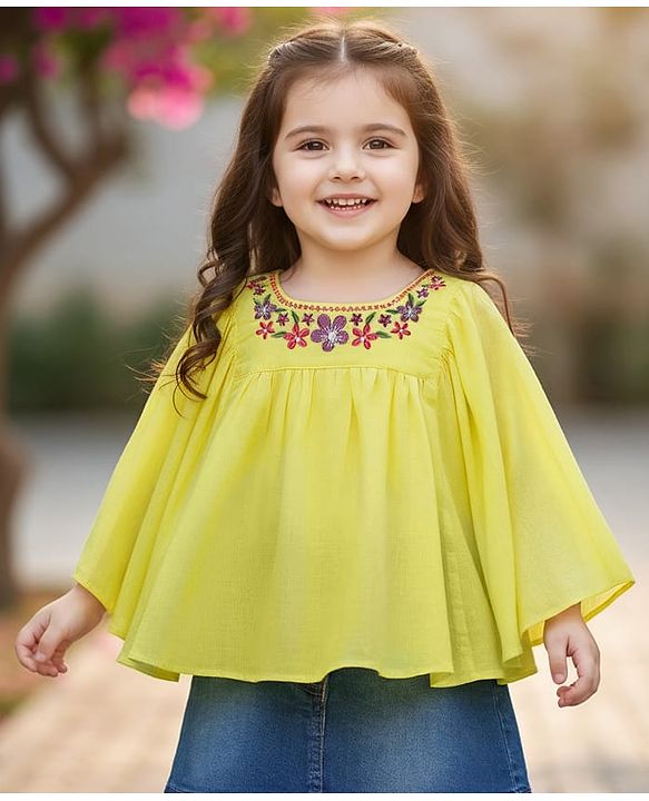 Babyhug Woven Full Sleeves  Kaftan Style Top With Floral Embroidery - Yellow
