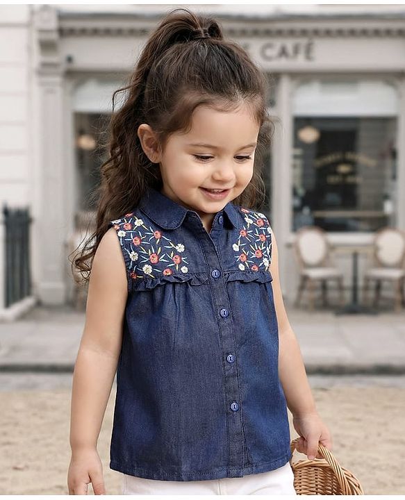 Babyhug Woven Sleeveless Floral Embroidered Denim Top - Navy Blue