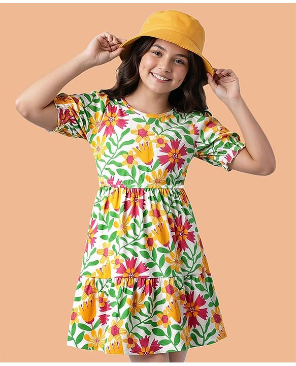 Pine Kids Cotton Knit Half Sleeves Frock with Floral Print - Light Green
