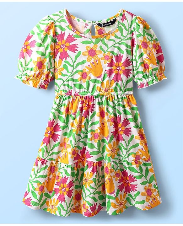 Pine Kids Cotton Knit Half Sleeves Frock with Floral Print - Light Green