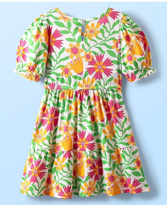 Pine Kids Cotton Knit Half Sleeves Frock with Floral Print - Light Green