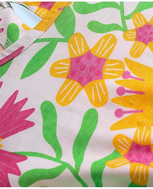 Pine Kids Cotton Knit Half Sleeves Frock with Floral Print - Light Green