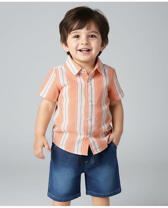Babyhug Woven Half Sleeves Striped Shirt & Denim Shorts Set - Orange & Blue