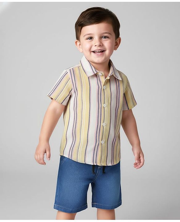 Babyhug Woven Half Sleeves Striped Shirt & Denim Shorts Set - Yellow & Blue