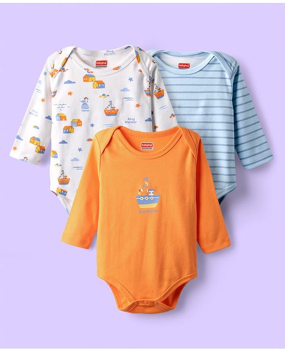 Babyhug 100% Cotton Knit Full Sleeves Onesies with Stripes & Nautical Print Pack of 3 - White & Orange