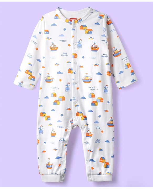 Babyhug 100% Cotton Knit Full Sleeves Rompers With Stripes &  Nautical Print Pack of 2 - White & Light Blue
