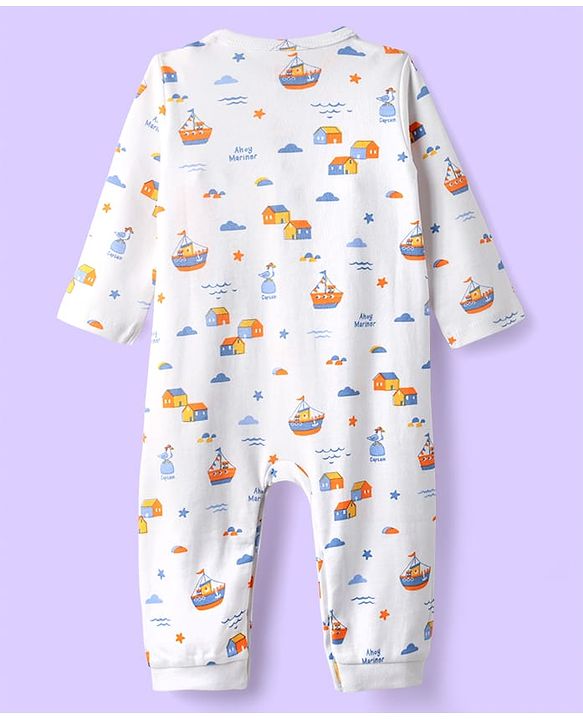 Babyhug 100% Cotton Knit Full Sleeves Rompers With Stripes &  Nautical Print Pack of 2 - White & Light Blue