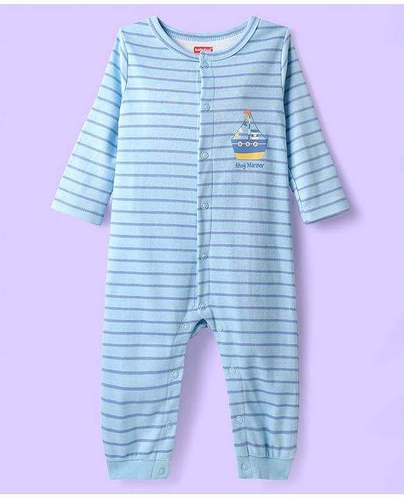 Babyhug 100% Cotton Knit Full Sleeves Rompers With Stripes &  Nautical Print Pack of 2 - White & Light Blue