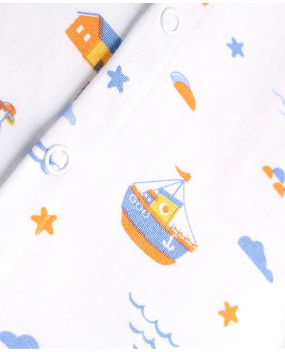 Babyhug 100% Cotton Knit Full Sleeves Rompers With Stripes &  Nautical Print Pack of 2 - White & Light Blue