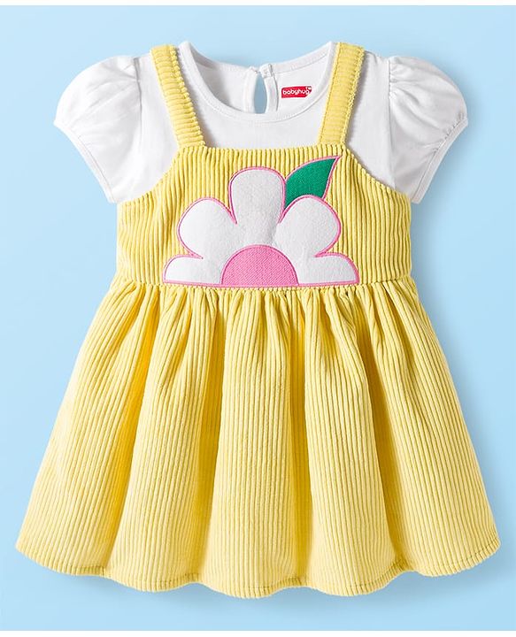 Babyhug Cotton Woven Cap Sleeves Floral Embroidered Frock With Inner Tee - White & Yellow