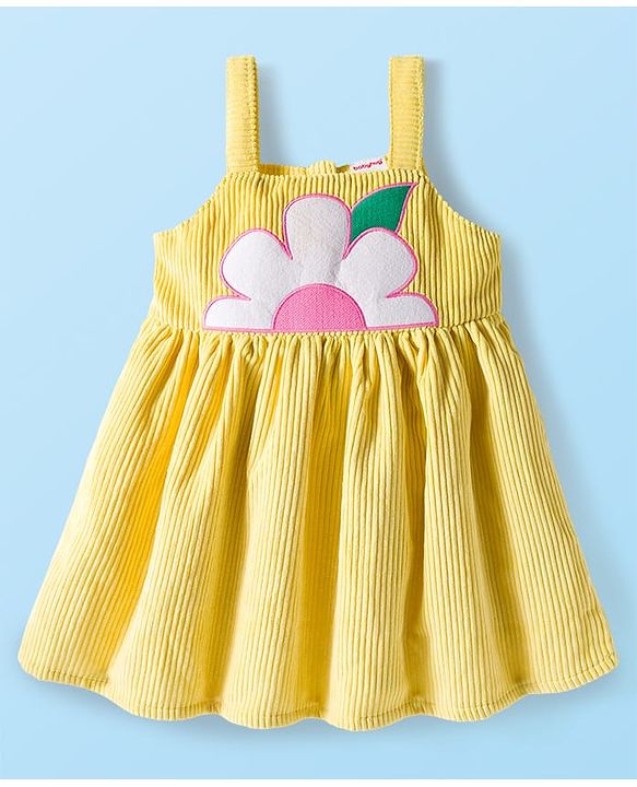 Babyhug Cotton Woven Cap Sleeves Floral Embroidered Frock With Inner Tee - White & Yellow
