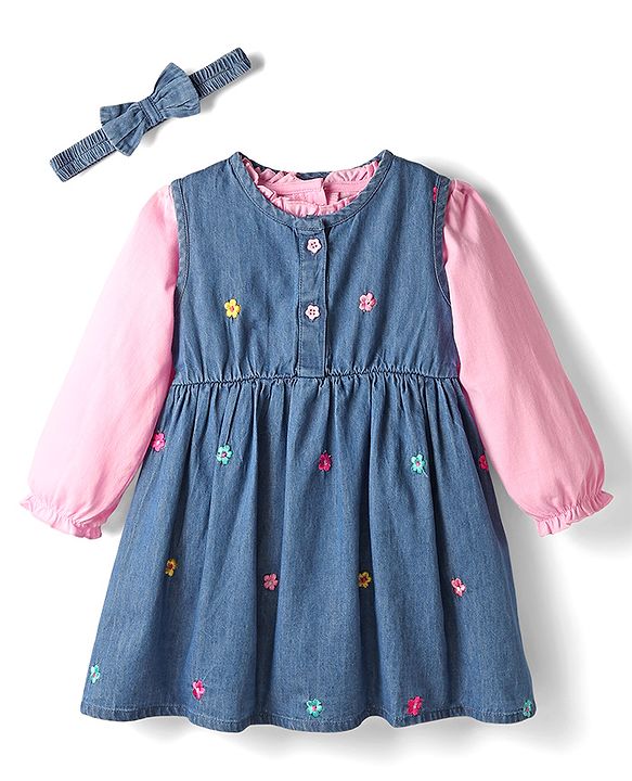 Babyhug Cotton Woven Full Sleeves Floral Embroidered Frock With Tee & Headband - Blue