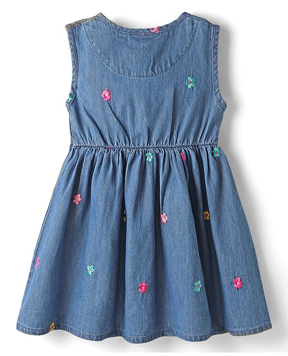 Babyhug Cotton Woven Full Sleeves Floral Embroidered Frock With Tee & Headband - Blue