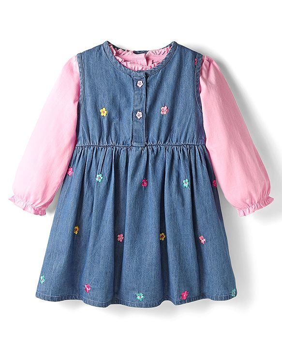 Babyhug Cotton Woven Full Sleeves Floral Embroidered Frock With Tee & Headband - Blue