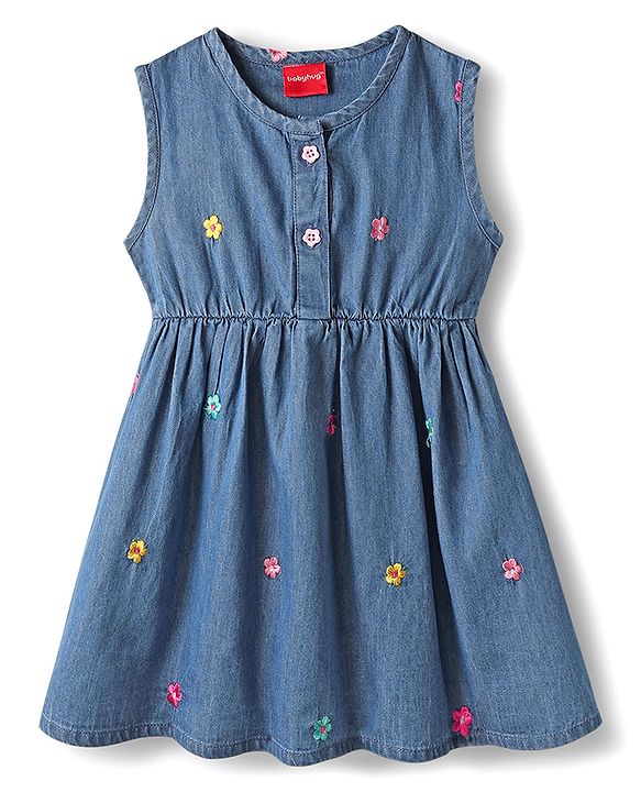Babyhug Cotton Woven Full Sleeves Floral Embroidered Frock With Tee & Headband - Blue