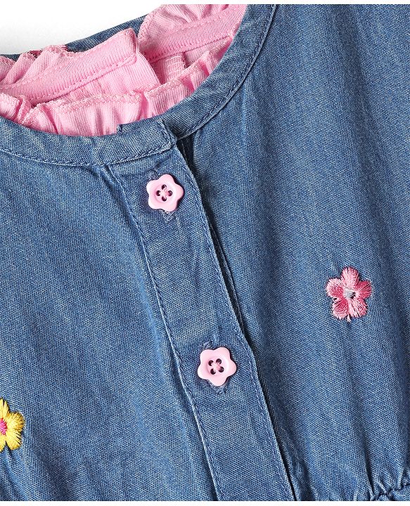 Babyhug Cotton Woven Full Sleeves Floral Embroidered Frock With Tee & Headband - Blue