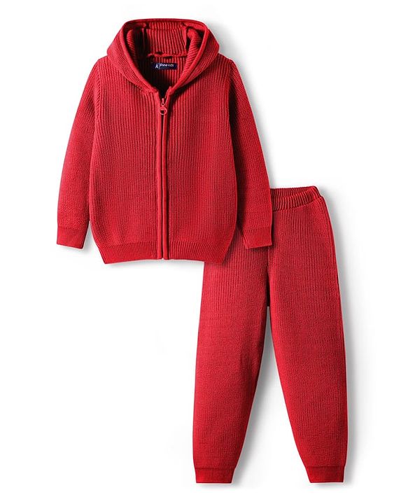 Pine Kids Knit Full Sleeves Solid Color Front Open Hooded Sweater Set - Red