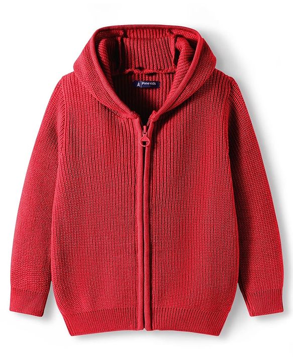 Pine Kids Knit Full Sleeves Solid Color Front Open Hooded Sweater Set - Red
