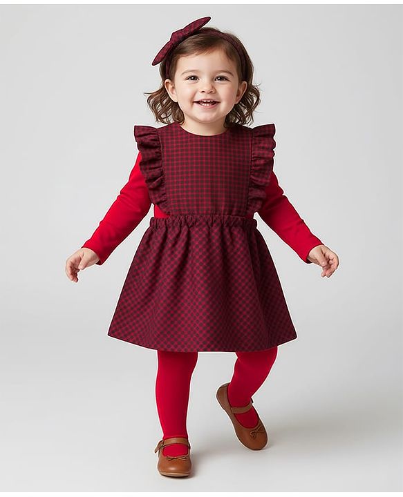 Babyhug Cotton Woven Full Sleeves Frock with Inner T-Shirt & Leggings with Checks Print - Red