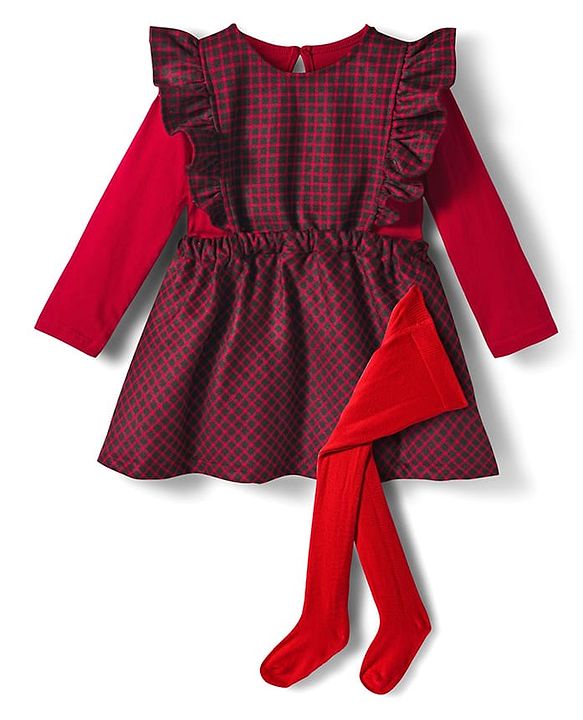 Babyhug Cotton Woven Full Sleeves Frock with Inner T-Shirt & Leggings with Checks Print - Red