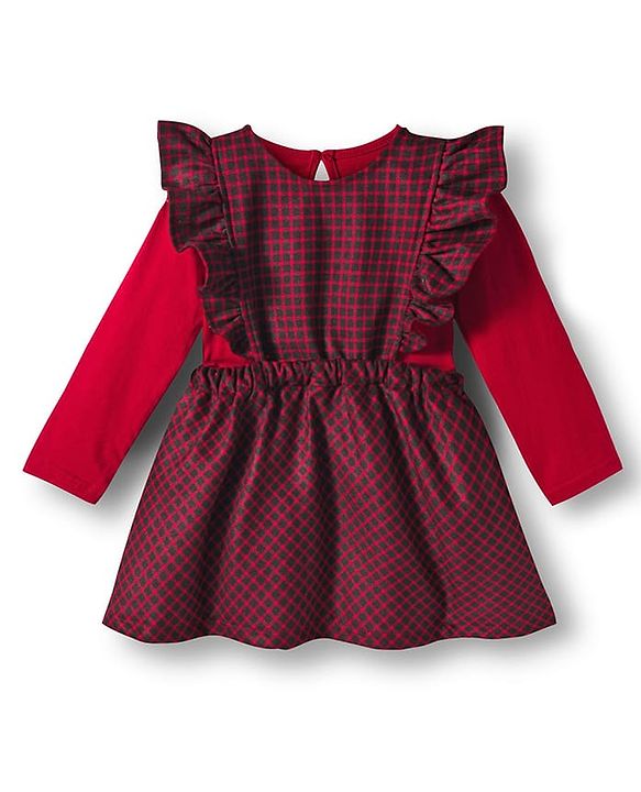 Babyhug Cotton Woven Full Sleeves Frock with Inner T-Shirt & Leggings with Checks Print - Red
