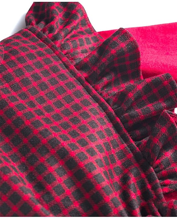 Babyhug Cotton Woven Full Sleeves Frock with Inner T-Shirt & Leggings with Checks Print - Red