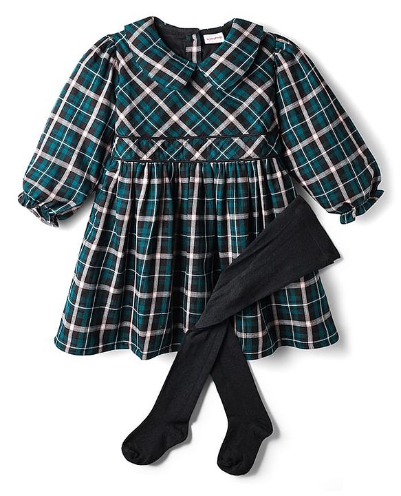 Babyhug Cotton Woven Full Sleeves Checkered Frock With Legging - Multicolour