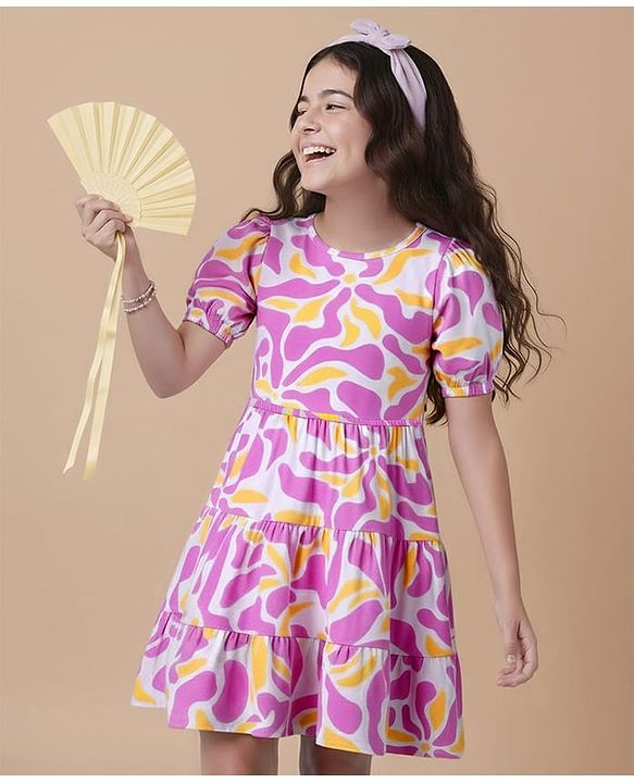 Pine Kids Cotton Knit Half Sleeves Fit & Flare Frock with Abstract Print - Pink
