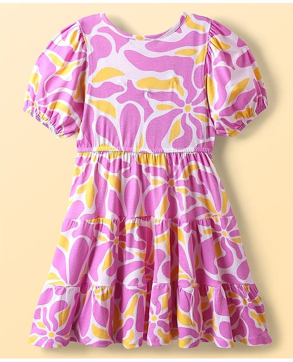 Pine Kids Cotton Knit Half Sleeves Fit & Flare Frock with Abstract Print - Pink
