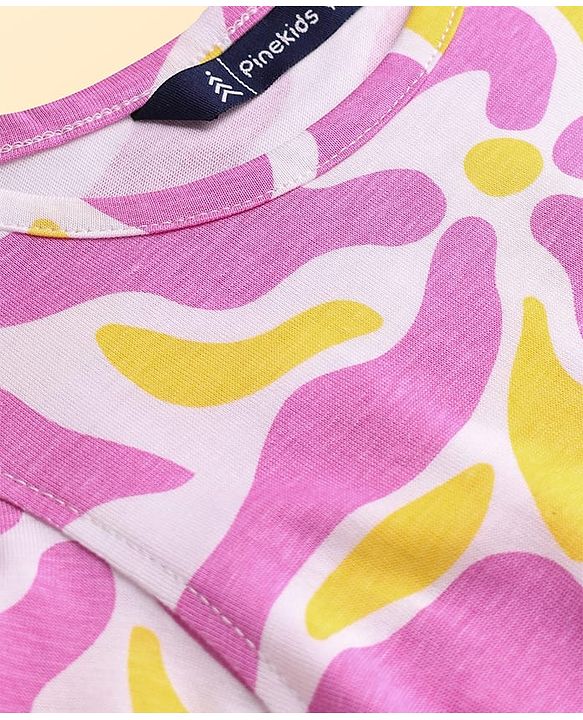 Pine Kids Cotton Knit Half Sleeves Fit & Flare Frock with Abstract Print - Pink