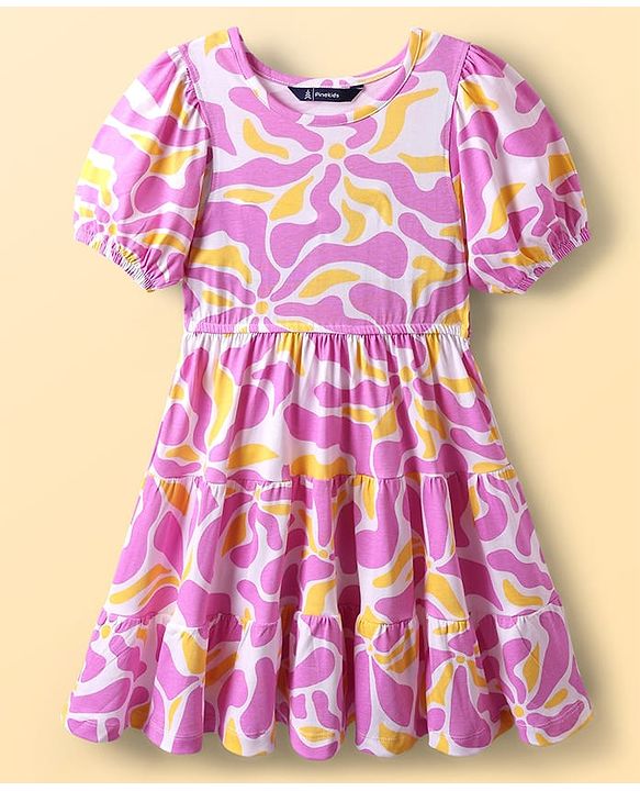 Pine Kids Cotton Knit Half Sleeves Fit & Flare Frock with Abstract Print - Pink