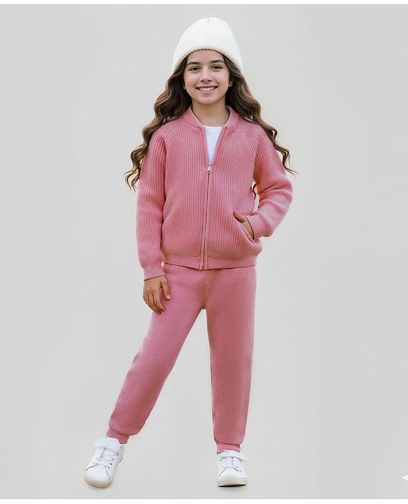 Pine Kids Knit Full Sleeves Solid Color Front Open Hooded Sweater Set - Pink